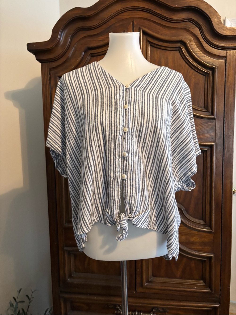 Time true white and blue striped button up blouse with tie front detail